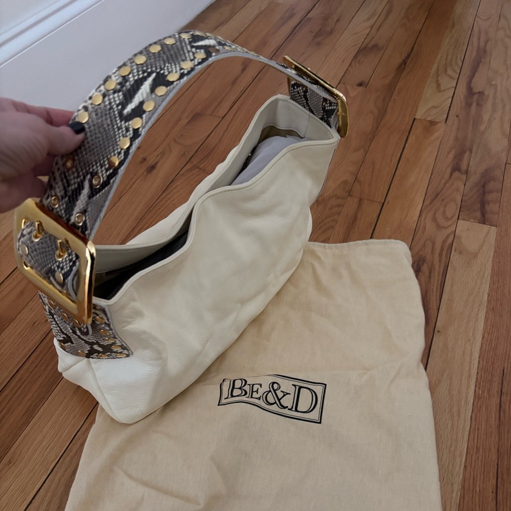 Be & D Off White Leather Clutch with Studded Snakeskin and Gold Hardware Handle.